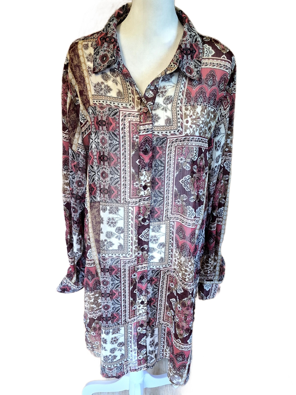 Haver London Sheer Patchwork Print Long-Sleeve Shirt Dress in Burgundy and Cream